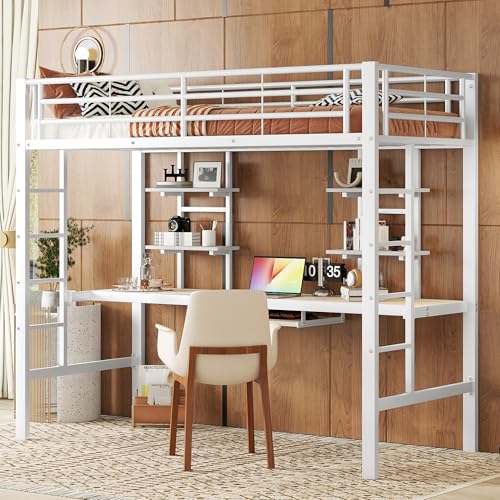 Gelukueub Hochbett, Bettgestell Metallbett, Eisenbett, Hochbett mit Schreibtisch und Zwei Bücherregalen für Kinder, Jugendliche und Erwachsene (Weiß, 90 * 200 cm) von Gelukueub