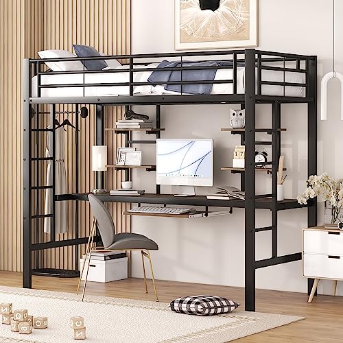 Gelukueub Hochbett, Bettgestell Metallbett, Eisenbett, Hochbett mit Schreibtisch und Zwei Bücherregalen für Kinder, Jugendliche und Erwachsene (schwarz, 90 * 200 cm) von Gelukueub