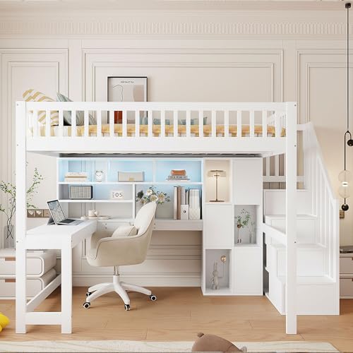 Gelukueub Hochbett, Mit LED-Leuchten, Ablageleiter, Regale, Ablagefächer, Schreibtisch, ohne Matratze (Weiß, 140x200cm) von Gelukueub