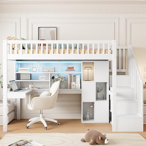 Gelukueub Hochbett, Mit LED-Leuchten, Ablageleiter, Regale, Ablagefächer, Schreibtisch, ohne Matratze (Weiß, 90 * 200cm) von Gelukueub