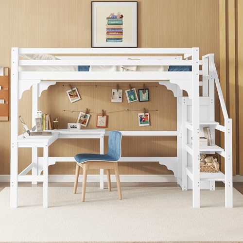 Gelukueub Hochbett,140 * 200cm, stilvoller L-förmiger Schreibtisch,Kiefernholz, Offener Kleiderschrank, minimalistischer Stil, Weiß von Gelukueub