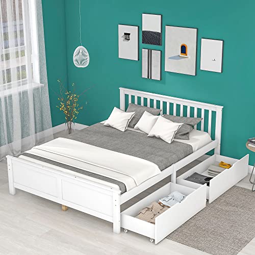 Gelukueub Holzbett, Doppelbett, Jugendbett, Erwachsenenbett, mit Schubladen zur Aufbewahrung, Rahmen aus Kiefernholz, weiß (140x200cm) von Gelukueub