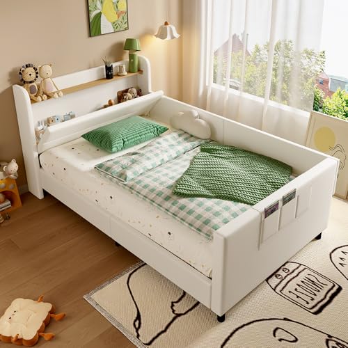 Gelukueub Kinder-Spleißbett, Polsterbett, Tagesbett, Schlafsofa mit Metallbettgestell, Kindernachttisch mit unterer Klapptür, 3 kleine Aufbewahrungstaschen, PU+MDF+Sperrholz, Weiß, 90x200cm von Gelukueub