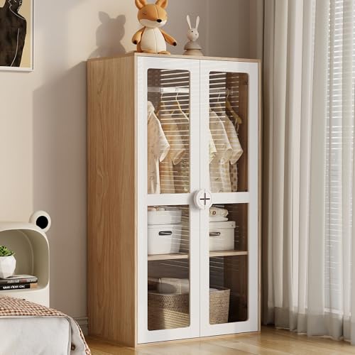 Gelukueub Kinderkleiderschrank, zweitüriger Glas-Tür-Schrank mit Kleiderstange & verschiebbaren Regalen, Keks-Form-Holzgriffen, Lackplatte + Spanplatte, 80×50×150 cm (weiß+natürliches Holz) von Gelukueub