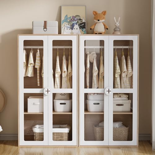 Gelukueub Kinderkleiderschrank, zweitüriger Glas-Tür-Schrank mit Kleiderstange & verschiebbaren Regalen, Keks-Form-Holzgriffen, Lackplatte + Spanplatte, 80×50×150 cm (weiß+natürliches Holz 2er) von Gelukueub