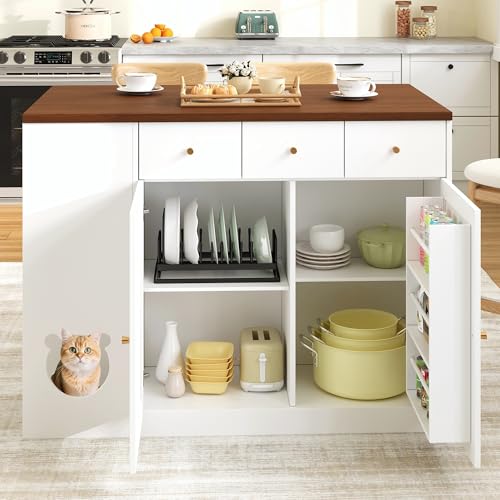 Gelukueub Kücheninsel, Küchenwagen & Sideboard mit Schubladen – mit ausziehbarer Arbeitsplatte, Würzregal, Haustierfressbereich (ohne Katzensteller), Weiß + Nussbaumfarbe, 120×(40+30)×90 cm von Gelukueub