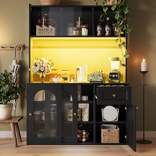 Gelukueub Küchenschrank, Hochschrank, Vitrinenschrank, Buffetschrank mit Verstellbaren Ablagen, Esszimmerschrank, Sideboard mit LED-Beleuchtung (schwarz) von Gelukueub