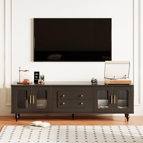 Gelukueub Lowboard, TV-Möbel im Retro-Stil: goldene Griffe, viel Stauraum. Mit Glastür und Beinen aus Massivholz (Black) von Gelukueub