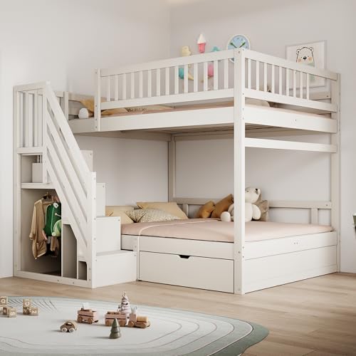 Gelukueub Massivholz-Etagenbett 140 * 200cm, Mit Hohem Sicherheitsgitter, Mit Lattenrost, Sicherheitsleiter mit Stauraum, Mit Stauschubladen, Kinderbett Junior Doppelbett, Weiß Gelukueub Massivholz-Etagenbett 140 * 200cm, Mit Hohem Sicherheitsgitter, Mit Lattenrost, Sicherheitsleiter mit Stauraum, Mit Stauschubladen, Kinderbett Junior Doppelbett, Weiß von Gelukueub