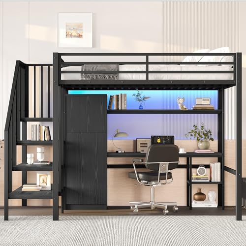 Gelukueub Metall-Hochbett 140x200 mit Schreibtisch, Regal, Kleiderschrank und Stauraumtreppe, Schwarz Gelukueub Metall-Hochbett 140x200 mit Schreibtisch, Regal, Kleiderschrank und Stauraumtreppe, Schwarz von Gelukueub