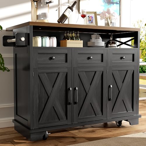 Gelukueub Moderne Kücheninsel (118×43×98cm) Küchenschrank Essschrank mit Holzmaserung Esswagen auf Rollen mit multifunktionalem Stauraum, herausnehmbaren Trennwänden, mit Handtuchhalter (schwarz) von Gelukueub