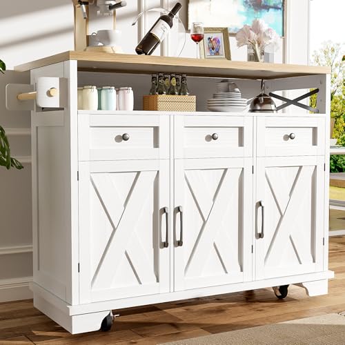 Gelukueub Moderne Kücheninsel (118×43×98cm) Küchenschrank Essschrank mit Holzmaserung Esswagen auf Rollen mit multifunktionalem Stauraum, herausnehmbaren Trennwänden, mit Handtuchhalter (weiß) von Gelukueub