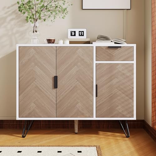 Gelukueub Moderner Aufbewahrungsschrank, Sideboard in Weiß und Holzoptik mit Schublade und höhenverstellbaren Einlegeböden (90 x 30 x 71,5 cm) (White,Wood) von Gelukueub