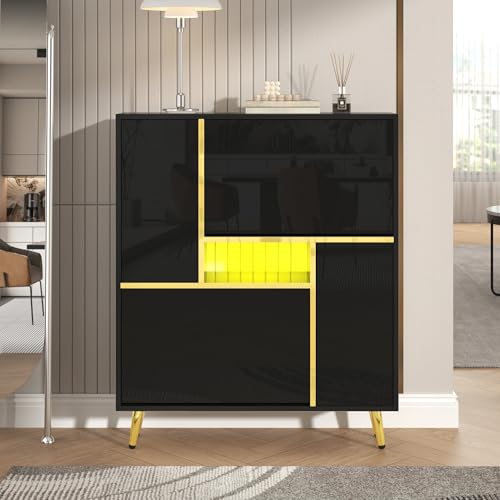 Gelukueub Moderner Schuhschrank, schwarzer Schuhschrank mit Hochglanzfront und 16-farbigem LED-Licht (80 x 25 x 96 cm) von Gelukueub