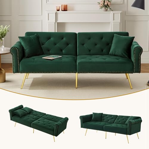 Gelukueub Modernes Doppelschlafsofa – Samtbezug, dreistufig verstellbare Rückenlehne und vergoldete Metallfüße Stilvolles Schlafsofa – platzsparend, ideal für kompakte Räume (Antique Green) von Gelukueub