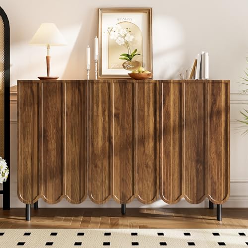 Gelukueub Modernes holzfarbenes Sideboard mit Wellentüren – 120x35x80 cm – grifflos, verstellbare Regale – Stauraum für Wohnzimmer, Flur & Esszimmer (Walnut) von Gelukueub