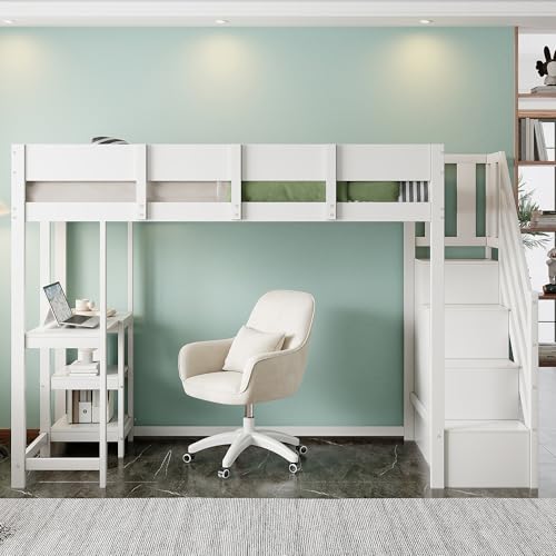 Gelukueub Multifunktionales Etagenbett mit Stauraum Hochbett mit Ablage 90 x 200 cm, Bettgestell aus massivem Kiefernholz mit Lattenrost,Bett für Kinder und Jugendliche (Weiß) von Gelukueub