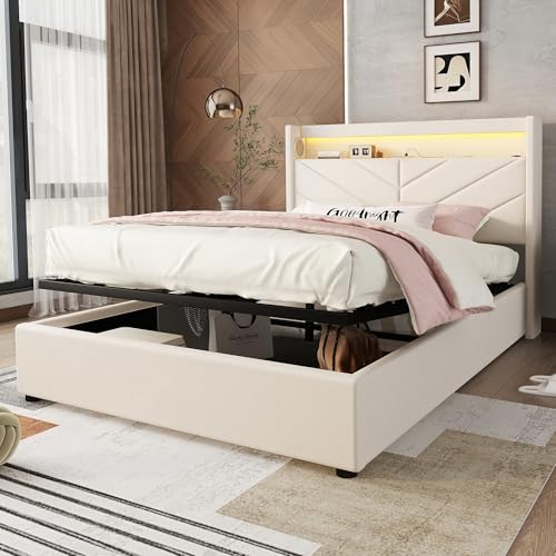 Gelukueub Polsterbett, 140 x 190 cm, Ohne Matratze, Ambientebeleuchtung mit Fernbedienung, Bett mit Hydraulik, Mit USB und Stereoanlage, Leinen (Beige) von Gelukueub