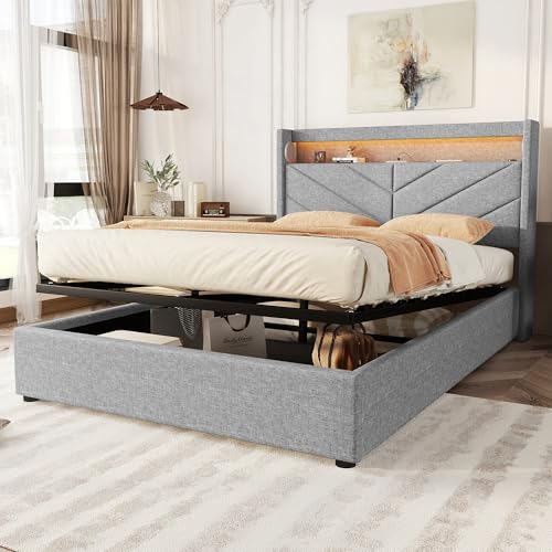 Gelukueub Polsterbett, 140 x 190 cm, Ohne Matratze, Ambientebeleuchtung mit Fernbedienung, Bett mit Hydraulik, Mit USB und Stereoanlage, Leinen (Grau) von Gelukueub
