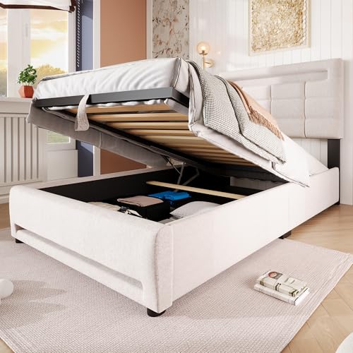 Gelukueub Polsterbett, 90 * 200cm, APP-Fernbedienung, Mit LED-Leuchten, hydraulische Lagerung, ohne Matratze, Mit USB-Buchse, Leinen (Beige) von Gelukueub