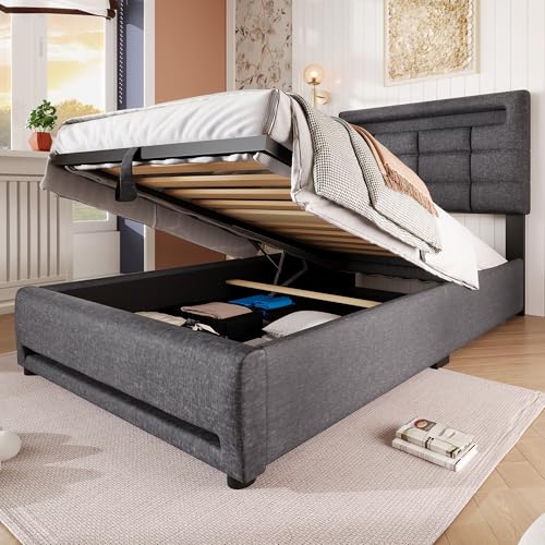 Gelukueub Polsterbett, 90 * 200cm, APP-Fernbedienung, Mit LED-Leuchten, hydraulische Lagerung, ohne Matratze, Mit USB-Buchse, Leinen (Grau) von Gelukueub