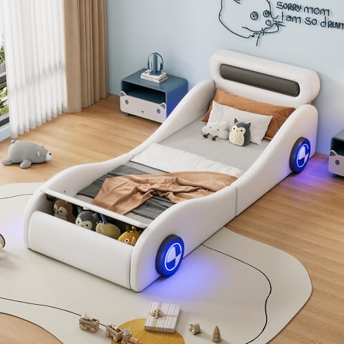 Gelukueub Polsterbett, 90x200cm Einzelbett, Kinderbett, Jugendbett, Polsterbett in Form eines Autos mit leuchtenden Rädern und Stauraum, PU, Ohne Matratze (Weiß) von Gelukueub