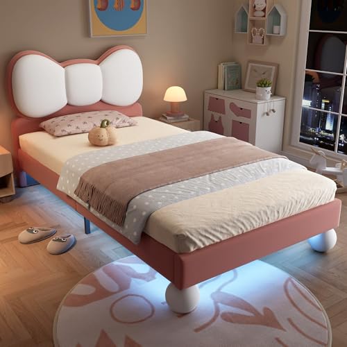 Gelukueub Polsterbett, Einzelbett, Kinderbett, Fliegeformiges Bettkopfteil, Farblich anpassbare LED-Lichtleiste unter dem Bett, Stabiler Lattenrost, Samt, schönes Design, Beige + Rosa, 90x200cm Gelukueub Polsterbett, Einzelbett, Kinderbett, Fliegeformiges Bettkopfteil, Farblich anpassbare LED-Lichtleiste unter dem Bett, Stabiler Lattenrost, Samt, schönes Design, Beige + Rosa, 90x200cm von Gelukueub