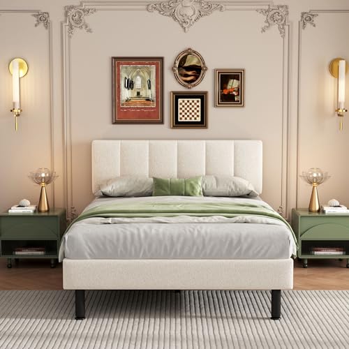 Gelukueub Polsterbett, Eisenfüße,Lattenrost, Schlichtes Design, 140 * 190, Matratze Nicht im Lieferumfang enthalten, Sherpa-Stoff, beige von Gelukueub