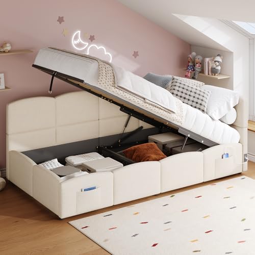 Gelukueub Polsterbett,Kinderbett, Einzelbett, Stauraumbett, Schlafsofa 90x200 cm, mit Lattenrost, USB-Ladegerät, Stautasche, Jugendbett und Erwachsenen-Kinderbett(ohne Matratze) (beige Bouclé-Stoff) von Gelukueub