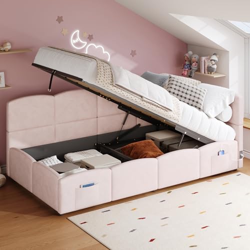 Gelukueub Polsterbett,Kinderbett, Einzelbett, Stauraumbett, Schlafsofa 90x200 cm, mit Lattenrost, USB-Ladegerät, Stautasche, Jugendbett und Erwachsenen-Kinderbett(ohne Matratze) (rosa Samt) von Gelukueub