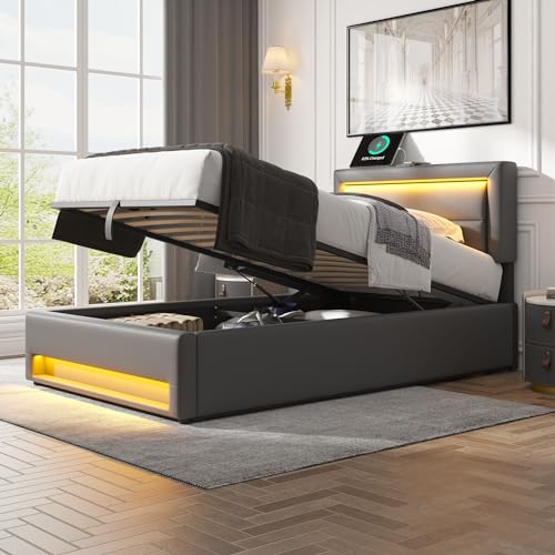 Gelukueub Polsterbett 90 x 190 cm, mit USB-Anschluss (unterstützt kabelloses und kabelgebundenes Laden), mit LED-Beleuchtung und Stauraum, ohne Matratze, PU-Litschi-Muster (Grau) von Gelukueub