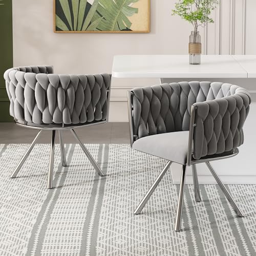 Gelukueub Samt-Esszimmerstuhl, 2er Set, einzelner Heller Luxus-Wohnzimmer-Schlafzimmer-Drehstuhl, Freizeit-Drehstuhl mit Vier Stützbeinen aus Metall, Grau+Silber von Gelukueub