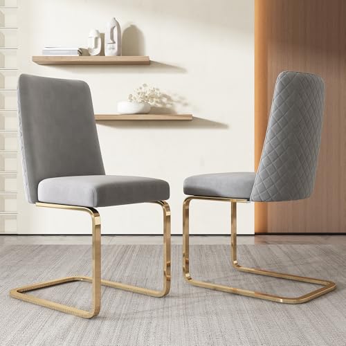 Gelukueub Samt-Esszimmerstuhl, 2er-Set, luxuriös, Wohnzimmer, Schlafzimmer, Lounge-Sessel, Diamant-Rücken-Design, mit goldbernen Metall-Stützbeinen, Grau Gelukueub Samt-Esszimmerstuhl, 2er-Set, luxuriös, Wohnzimmer, Schlafzimmer, Lounge-Sessel, Diamant-Rücken-Design, mit goldbernen Metall-Stützbeinen, Grau von Gelukueub