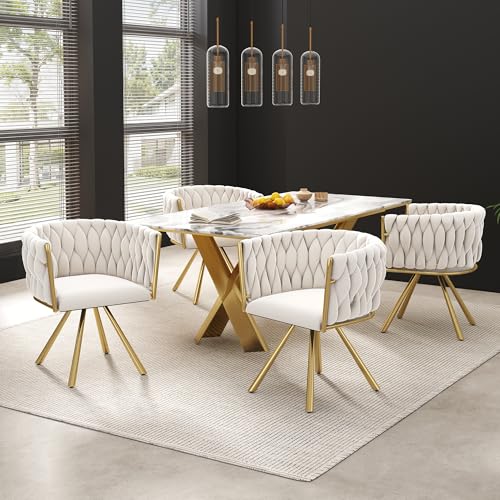 Gelukueub Samt-Esszimmerstuhl, 4er Set, einzelner Heller Luxus-Wohnzimmer-Schlafzimmer-Drehstuhl, Freizeit-Drehstuhl mit Vier Stützbeinen aus Metall (Beige,Gold) von Gelukueub