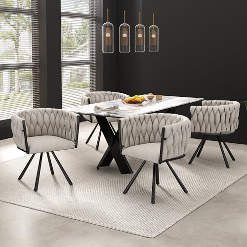 Gelukueub Samt-Esszimmerstuhl, 4er Set, einzelner Heller Luxus-Wohnzimmer-Schlafzimmer-Drehstuhl, Freizeit-Drehstuhl mit Vier Stützbeinen aus Metall (Black,Linen) von Gelukueub