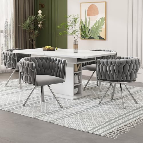 Gelukueub Samt-Esszimmerstuhl, 4er Set, einzelner Heller Luxus-Wohnzimmer-Schlafzimmer-Drehstuhl, Freizeit-Drehstuhl mit Vier Stützbeinen aus Metall (Grey,Silver) von Gelukueub
