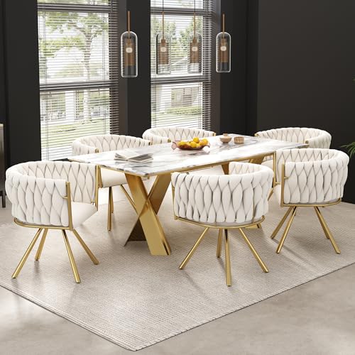 Gelukueub Samt-Esszimmerstuhl, 6er Set, einzelner Heller Luxus-Wohnzimmer-Schlafzimmer-Drehstuhl, Freizeit-Drehstuhl mit Vier Stützbeinen aus Metall (Beige,Gold) von Gelukueub