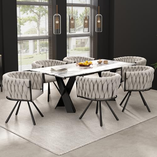 Gelukueub Samt-Esszimmerstuhl, 6er Set, einzelner Heller Luxus-Wohnzimmer-Schlafzimmer-Drehstuhl, Freizeit-Drehstuhl mit Vier Stützbeinen aus Metallr (Black,Linen) von Gelukueub