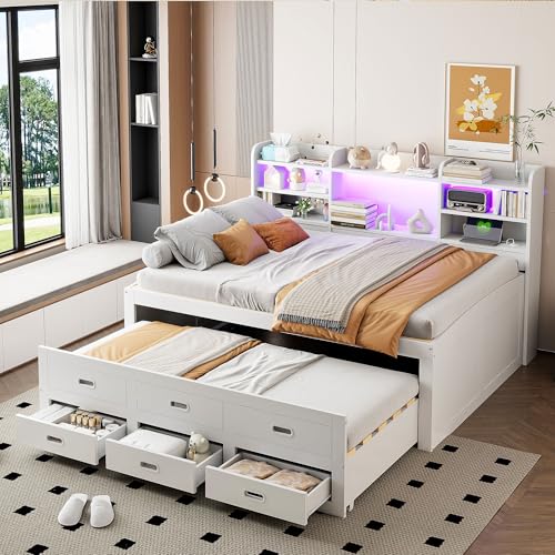 Gelukueub Schlafsofa, Daybett, Tagesbett, Led-Fernbedienung, 3 schubladen, Nachttischablage, Multifunktionales ausziehbares Bett mit USB+Type-c, Ohne matratze, Weiß (140 x 200cm) von Gelukueub