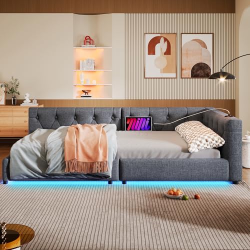 Gelukueub Schlafsofa, Daybett, Tagesbett, Schlafsofa mit Lattenrost (ohne Matratze), Ambientebeleuchtung mit Fernbedienung, Kopfteil mit Knopftuft, USB+Typ-c, Leinen (Grau, 90x200cm) von Gelukueub