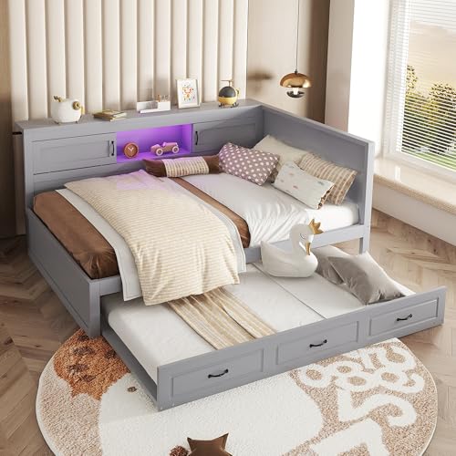 Gelukueub Schlafsofa, Daybett, Tagesbett,Mit LED-Leuchten, Bettseitiges Staufach, Ausziehbares Bett, Steckdose + USB, Ohne Matratze (Grau, 140 * 200cm) von Gelukueub