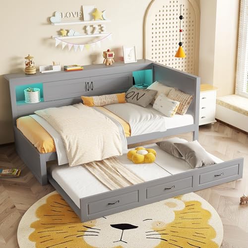 Gelukueub Schlafsofa, Daybett, Tagesbett,Mit LED-Leuchten, Bettseitiges Staufach, Ausziehbares Bett, Steckdose + USB, Ohne Matratze (Grau, 90 * 200cm) von Gelukueub