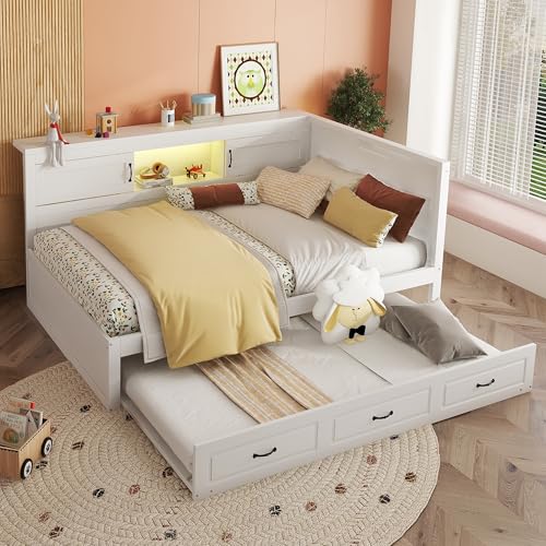 Gelukueub Schlafsofa, Daybett, Tagesbett,Mit LED-Leuchten, Bettseitiges Staufach, Ausziehbares Bett, Steckdose + USB, Ohne Matratze (Weiß, 140 * 200cm) von Gelukueub