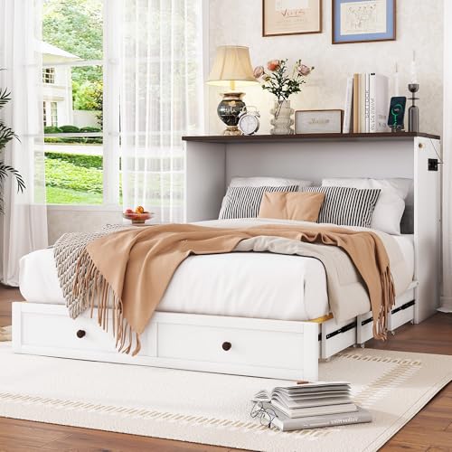 Gelukueub Schrankbett, 140 x 200, Mobiles Schrankbett mit Schubladen am Bettende und Regal am Kopfende des Bettes, mit USB und Steckdose, Umbaubares Plattformbett, Ohne Matratze, weiß von Gelukueub