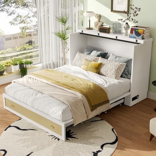 Gelukueub Schrankbett, 140 x 200, Mobiles Schrankbett mit Schubladen am Bettende und Regal am Kopfende des Bettes, mit USB und Steckdose, Umbaubares Plattformbett, Ohne Matratze (Weiß) von Gelukueub