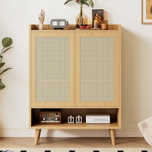 Gelukueub Schuhschrank aus natürlichem Rattan, Schuhkommode Schuhregal mit 2 Türen und 5 Regalböden, für den Flur. Mit Holzgriffen und Massivholzbeinen. Maße: B80/H105/T35 cm Gelukueub Schuhschrank aus natürlichem Rattan, Schuhkommode Schuhregal mit 2 Türen und 5 Regalböden, für den Flur. Mit Holzgriffen und Massivholzbeinen. Maße: B80/H105/T35 cm von Gelukueub