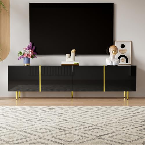 Gelukueub Schwarzes Hochglanz-TV-Schrank mit 4 Türen, modern und schlicht, in Schwarz-Gold-Farbkombination (Black) von Gelukueub