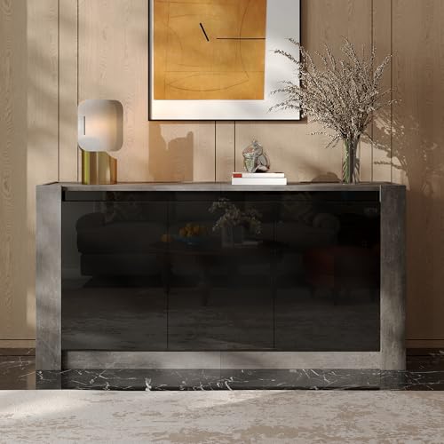 Gelukueub Sideboard, Hochglanz farblich passender Kabinett, griffloses Design, mit Dämpfungsscharnieren und verstellbaren Einlegeböden (Black+Grey) von Gelukueub
