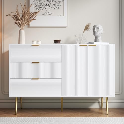 Gelukueub Sideboard, Wohnzimmerschrank mit Türen und Schubladen, Innenregalen, Kommode mit goldenen Griffen und Beinen von Gelukueub