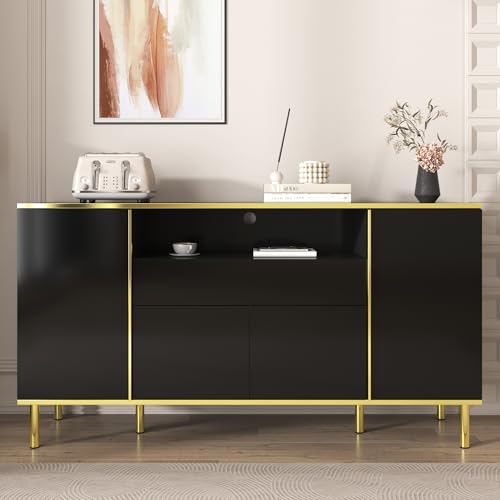 Gelukueub Sideboard, hochglänzende Schwarze Kommode mit 1 Schublade, Kommode, Schlafzimmerkommode, hochglänzendes schwarzes Sideboard – B150/T40/H80cm von Gelukueub